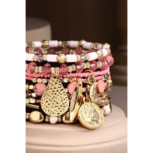 Pink 9-Strand Beaded Boho Stackable Stretch Bracelet Set w/ Gold Charms - Picture 4 of 4